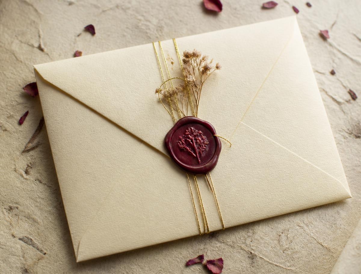 Cream envelope sealed with burgundy wax and a dried flower