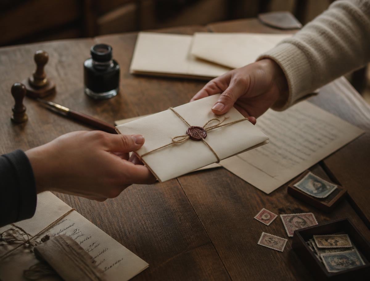 Two people exchanging sealed letters across a wooden table